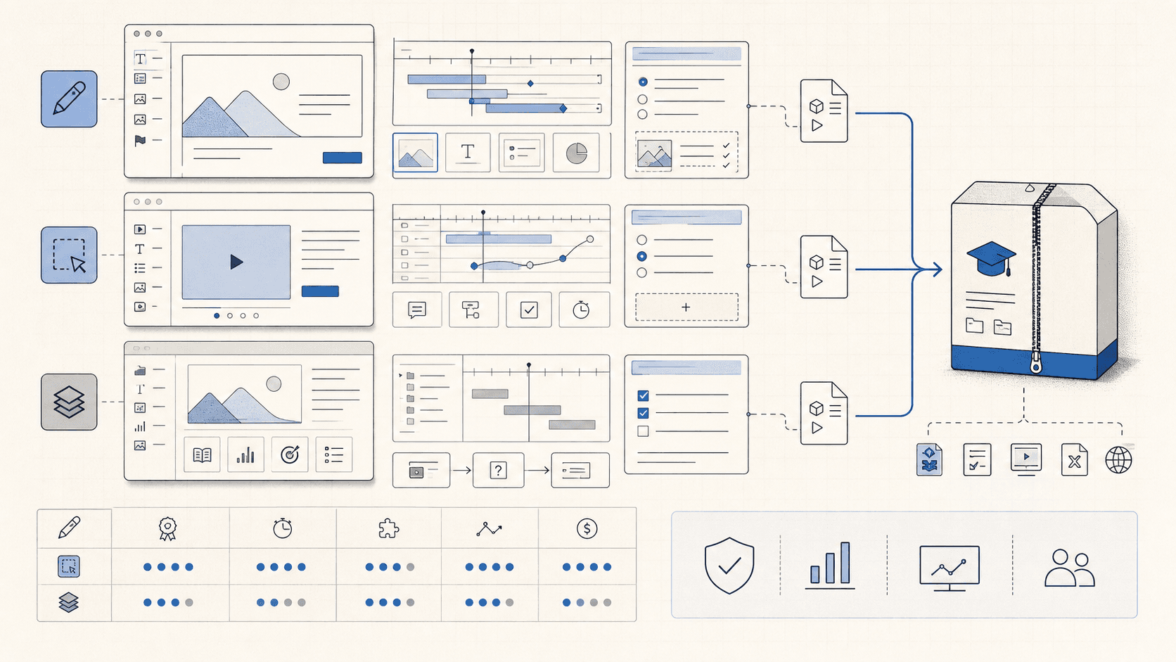 Illustration of SCORM authoring tool interfaces exporting course packages into a SCORM zip file