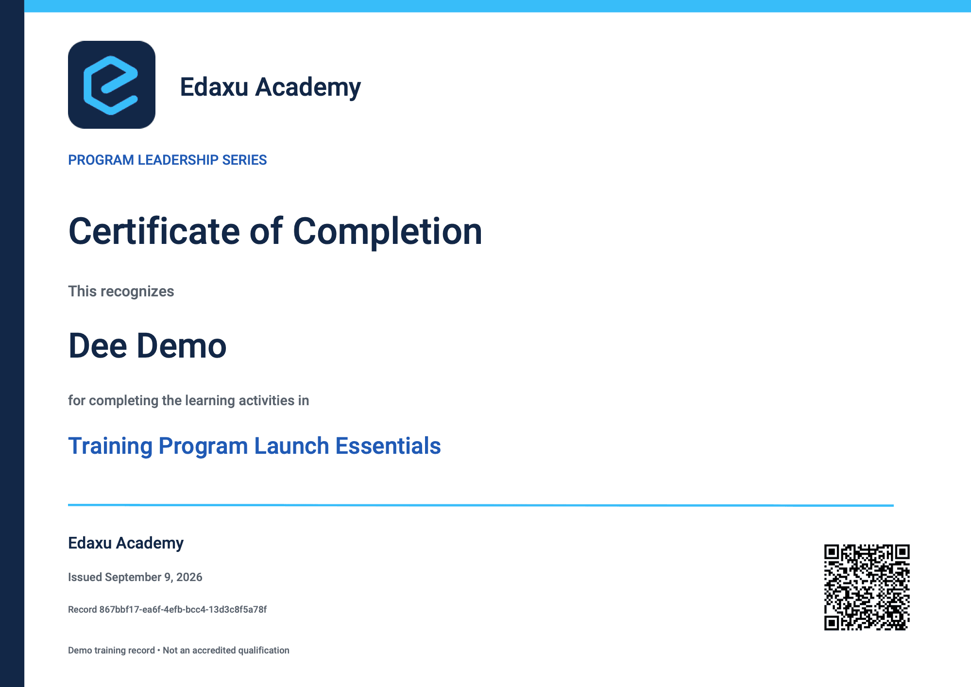 Branded Edaxu Academy certificate for Dee Demo's Training Program Launch Essentials award