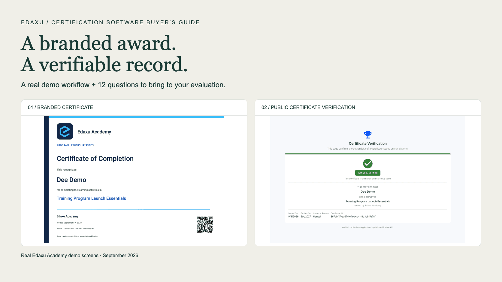 Branded Edaxu Academy certificate alongside its matching public verification record
