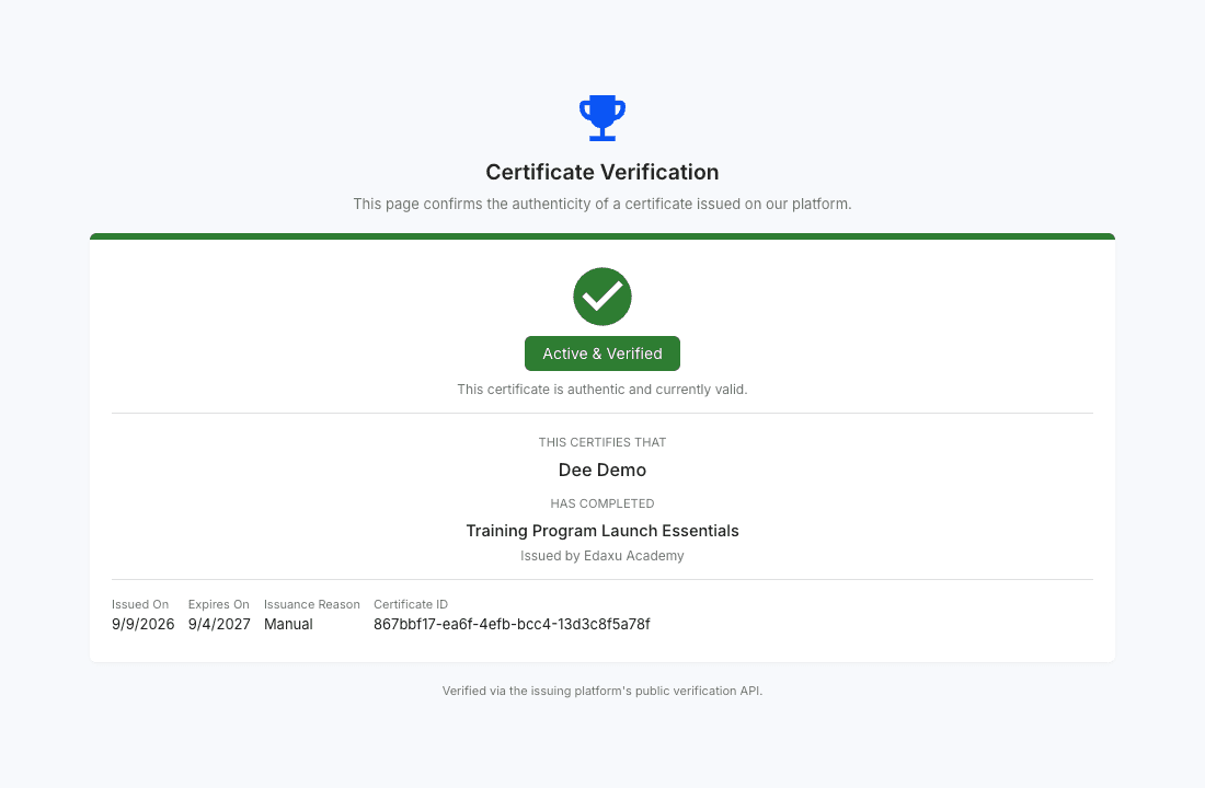 Public verification of Dee Demo's branded Training Program Launch Essentials certificate
