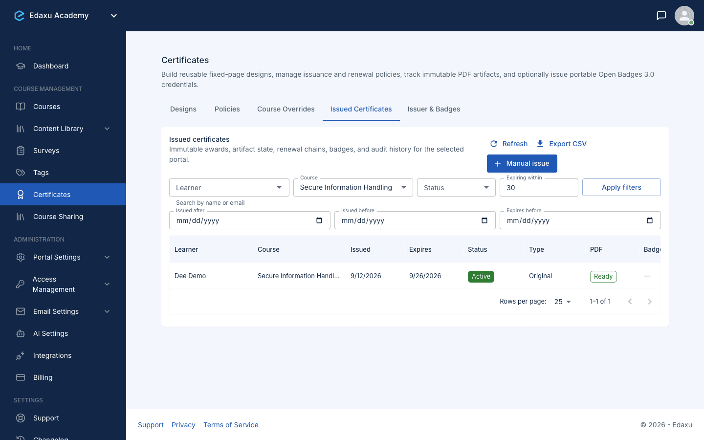 Edaxu filtered certificate list showing the sample award expiring September 26, 2026