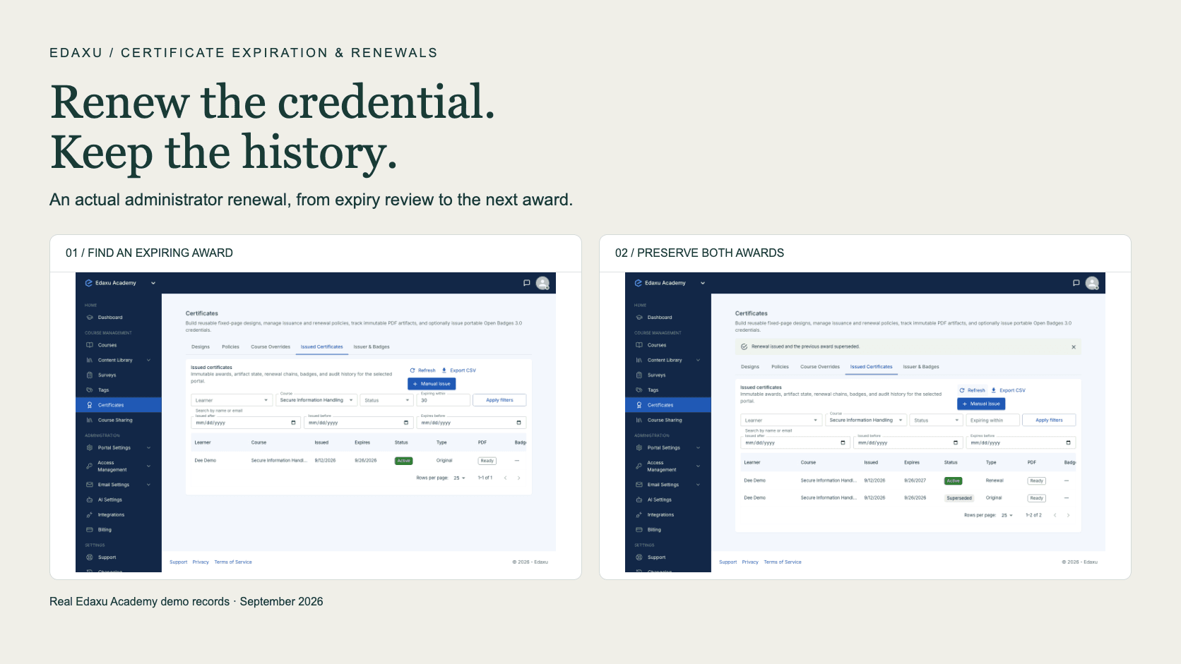 Edaxu certificate renewal workflow showing an expiring award and its renewed record