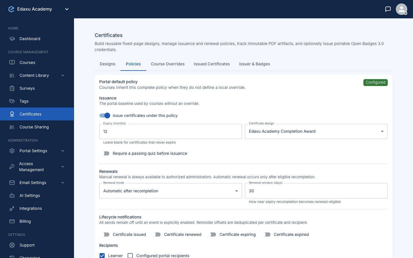 Edaxu certificate policy with expiry, recompletion renewal settings, and notification controls
