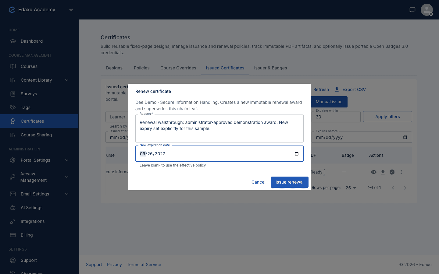 Edaxu renewal dialog with an administrative reason and explicit new expiration date