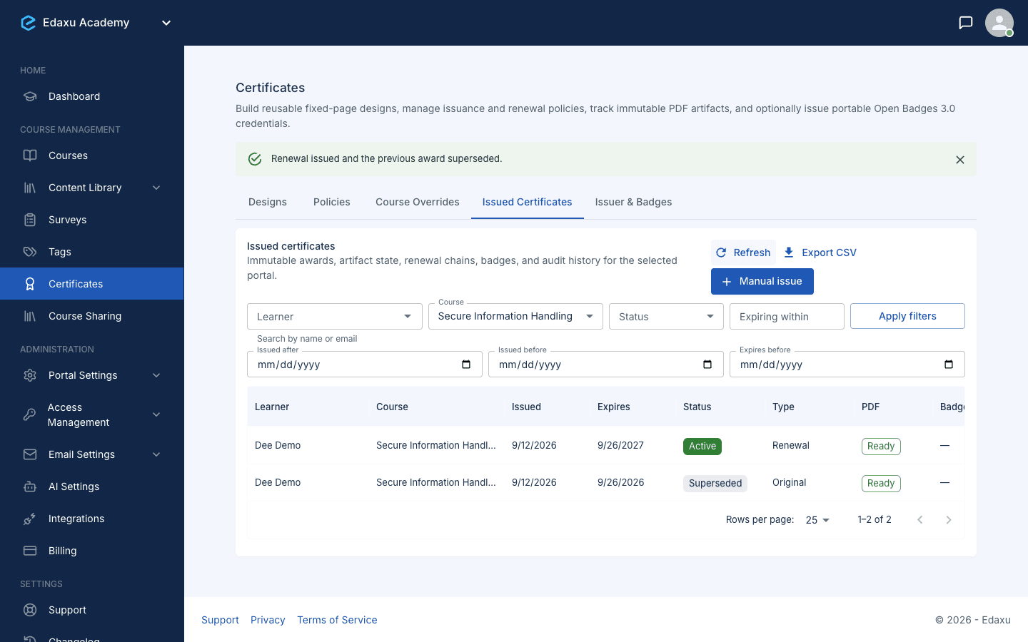 Edaxu certificate history showing an active renewal linked to a superseded original certificate for a demo learner