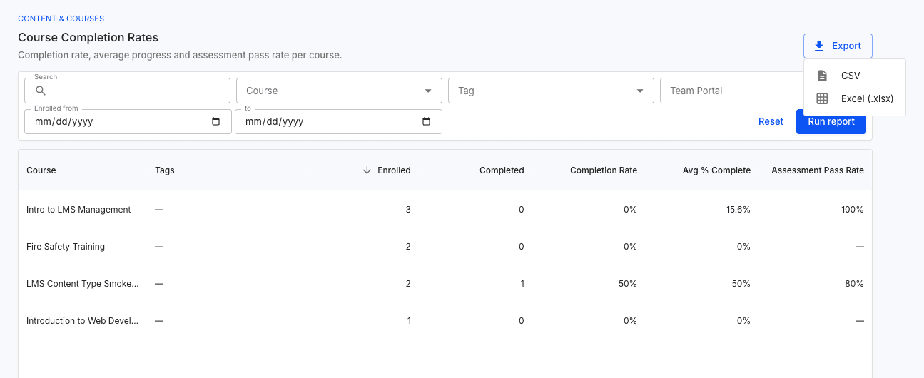 Edaxu report export menu offering CSV and Excel downloads