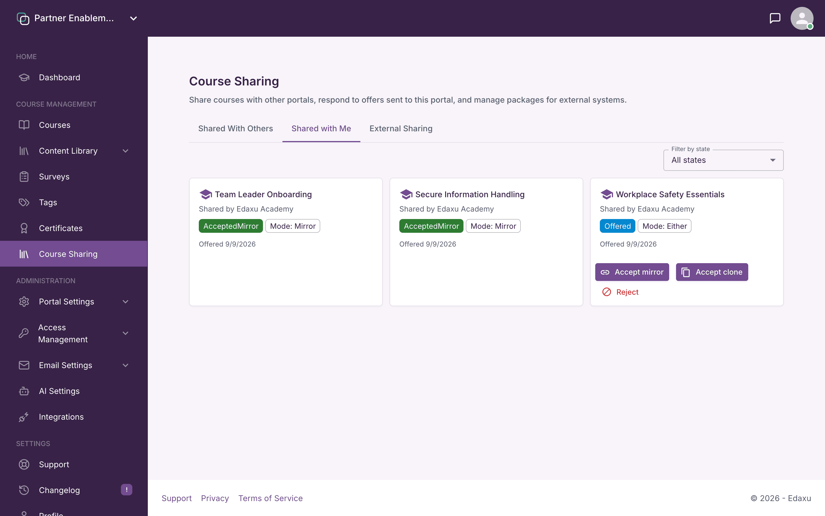 Partner Enablement's Course Sharing page showing a Workplace Safety Essentials offer with Accept mirror and Accept clone buttons