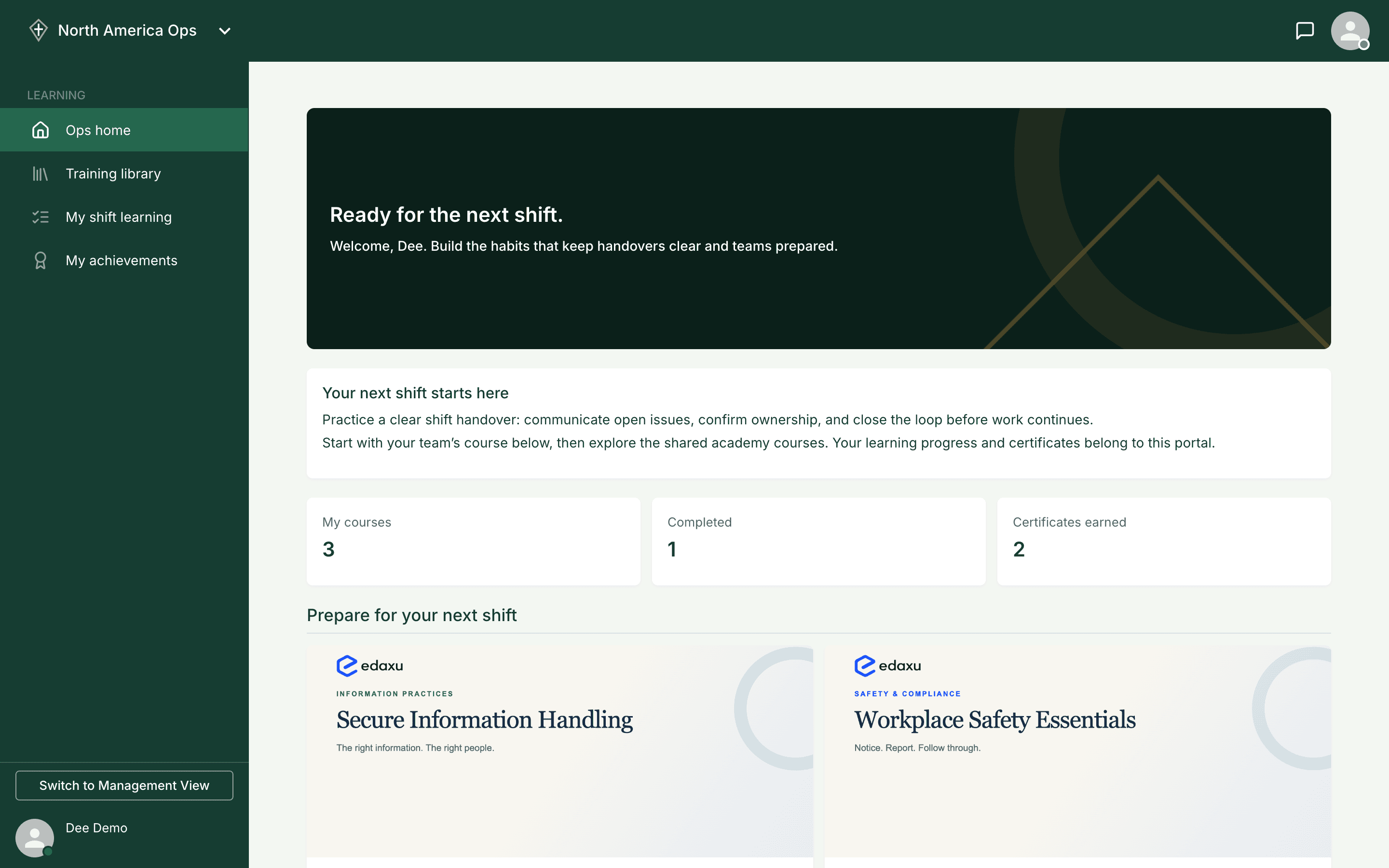 North America Ops learner dashboard with its green and gold branding, shift-readiness welcome message, and shared academy courses