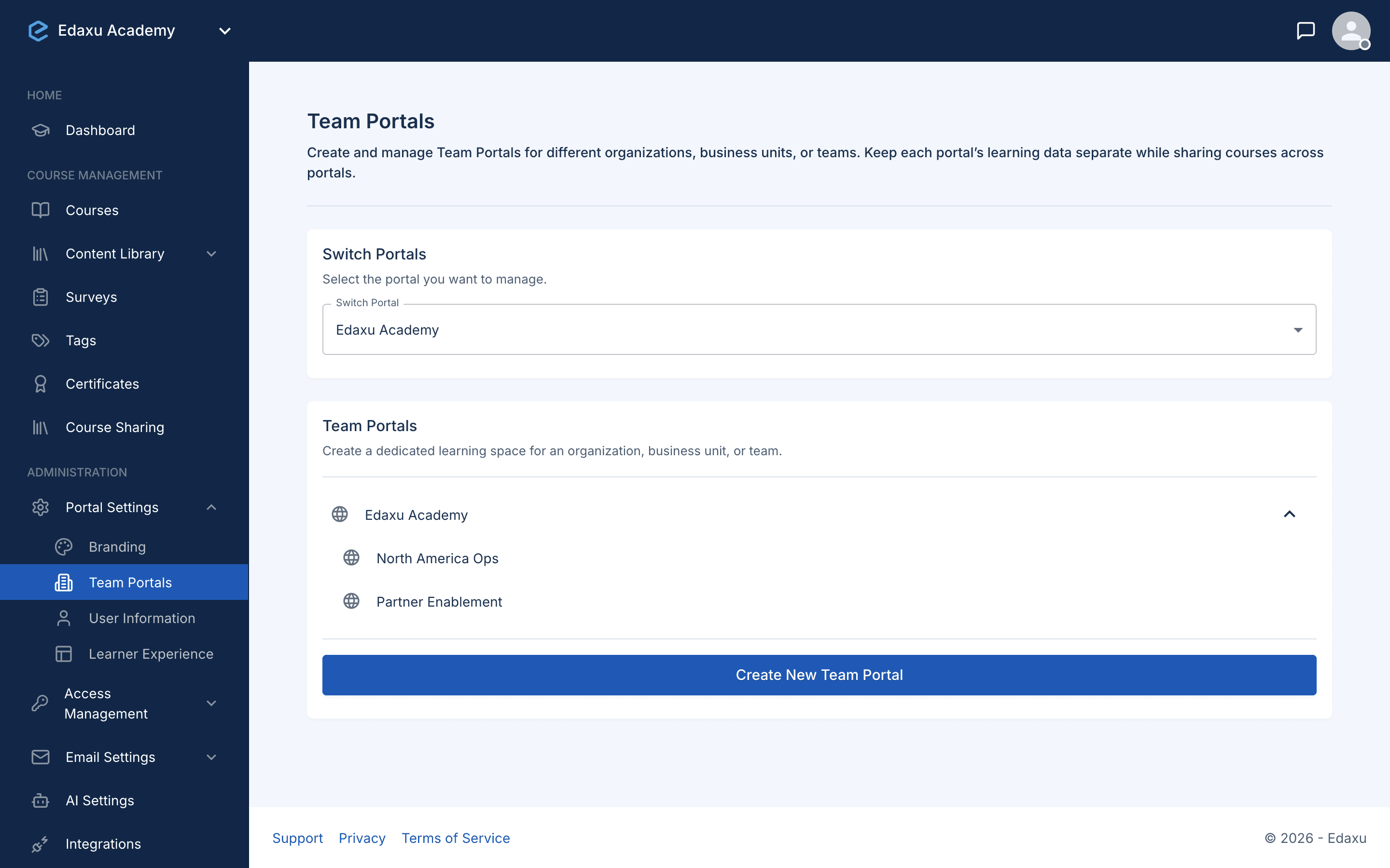 Edaxu Academy's Team Portals page with North America Ops and Partner Enablement beneath the parent portal