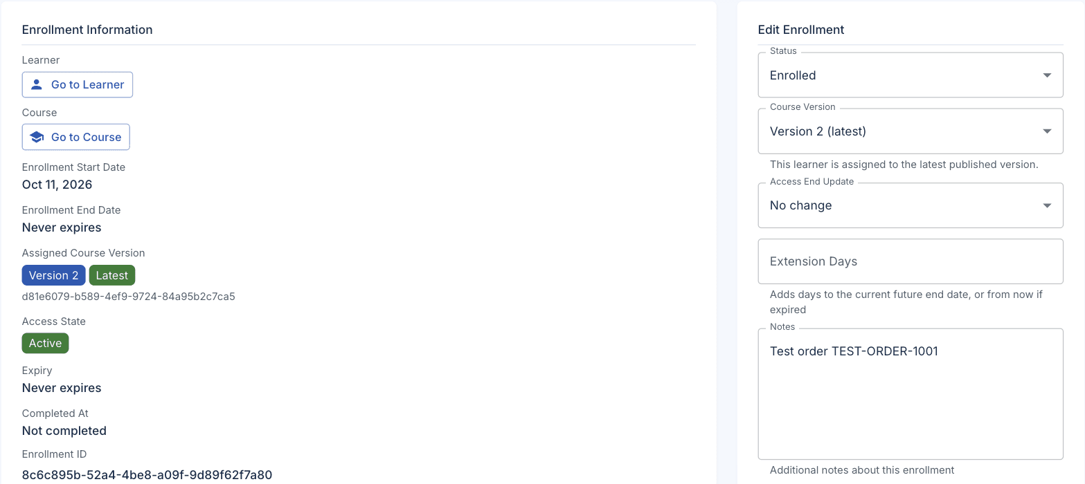 Edaxu enrollment record created by a Shopify test order through Zapier, with the order number in the enrollment notes