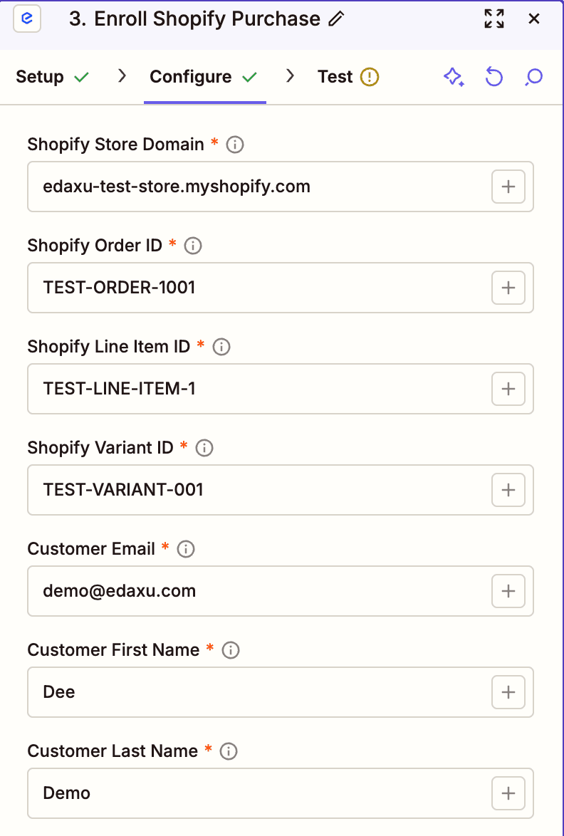 Zapier Enroll Shopify Purchase step with store, order, line item, variant, and customer fields filled in