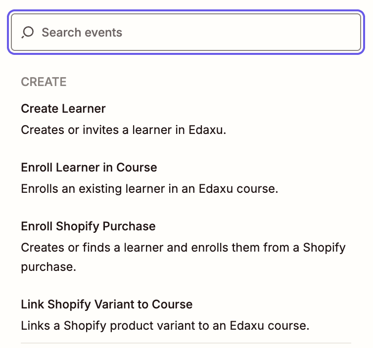 Edaxu actions in the Zapier editor, including Enroll Shopify Purchase and Link Shopify Variant to Course