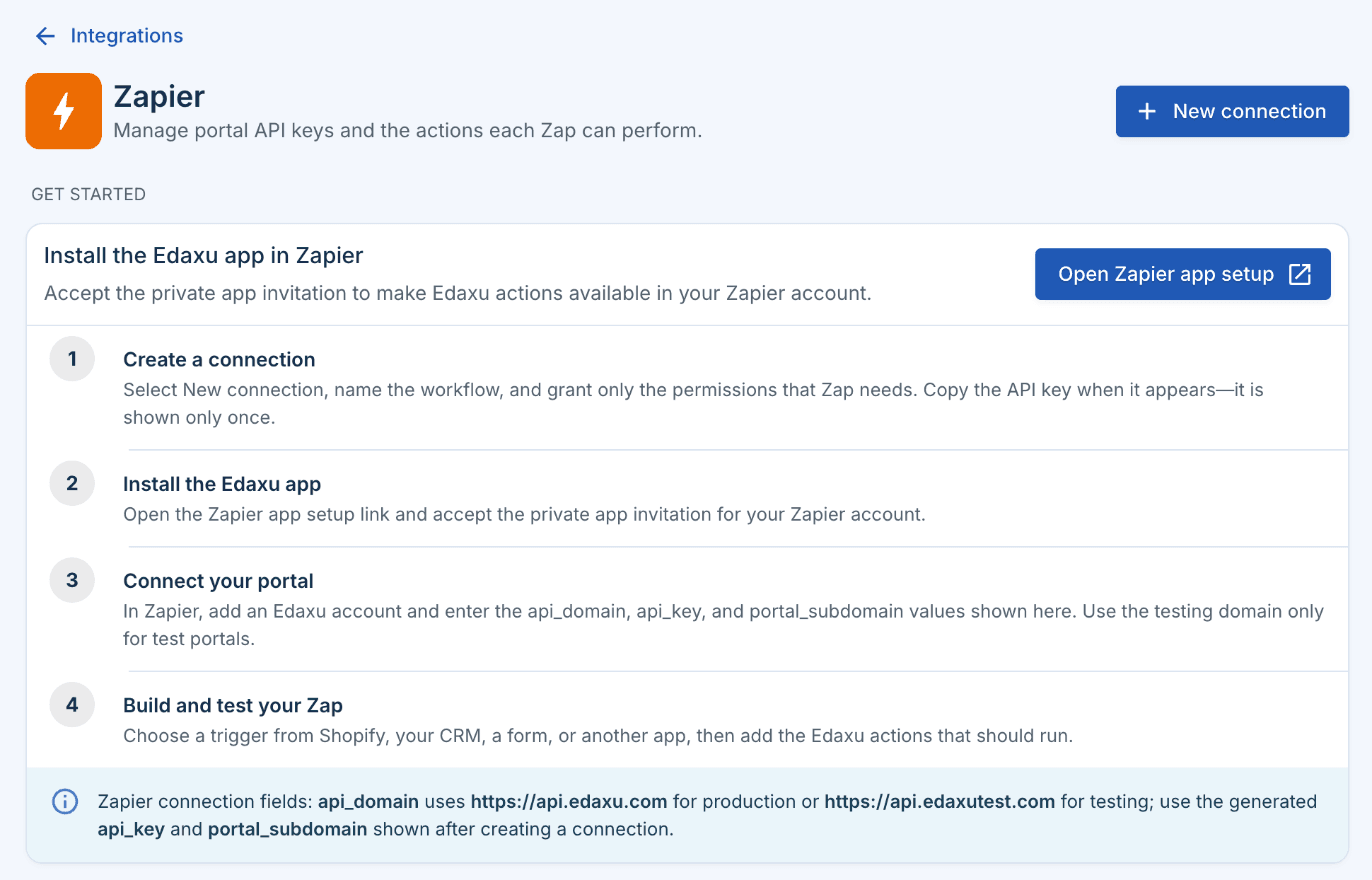 Edaxu Zapier setup page with connection instructions and automation examples