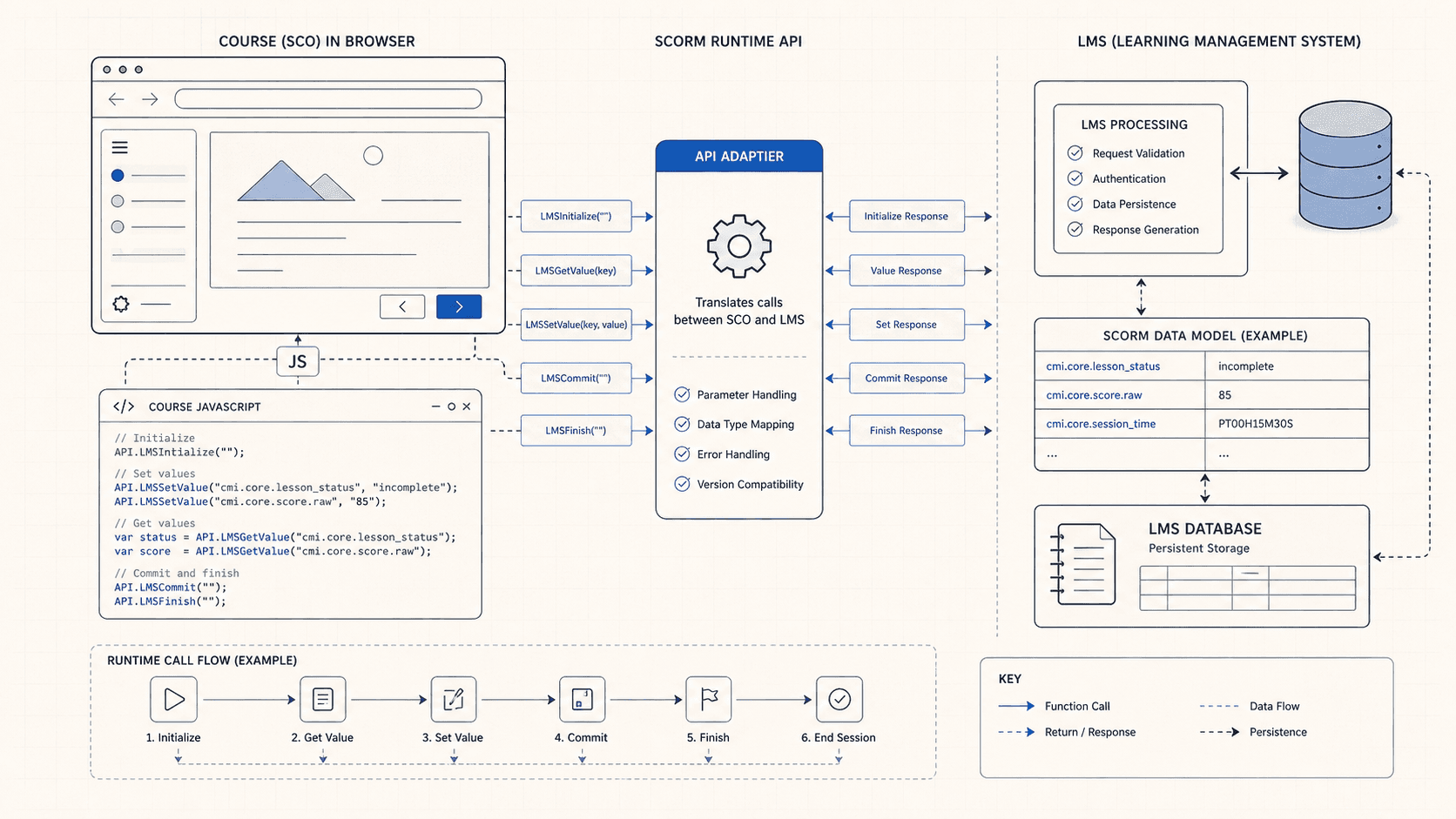Technical diagram of a SCORM course in a browser communicating through a runtime API adapter to an LMS database