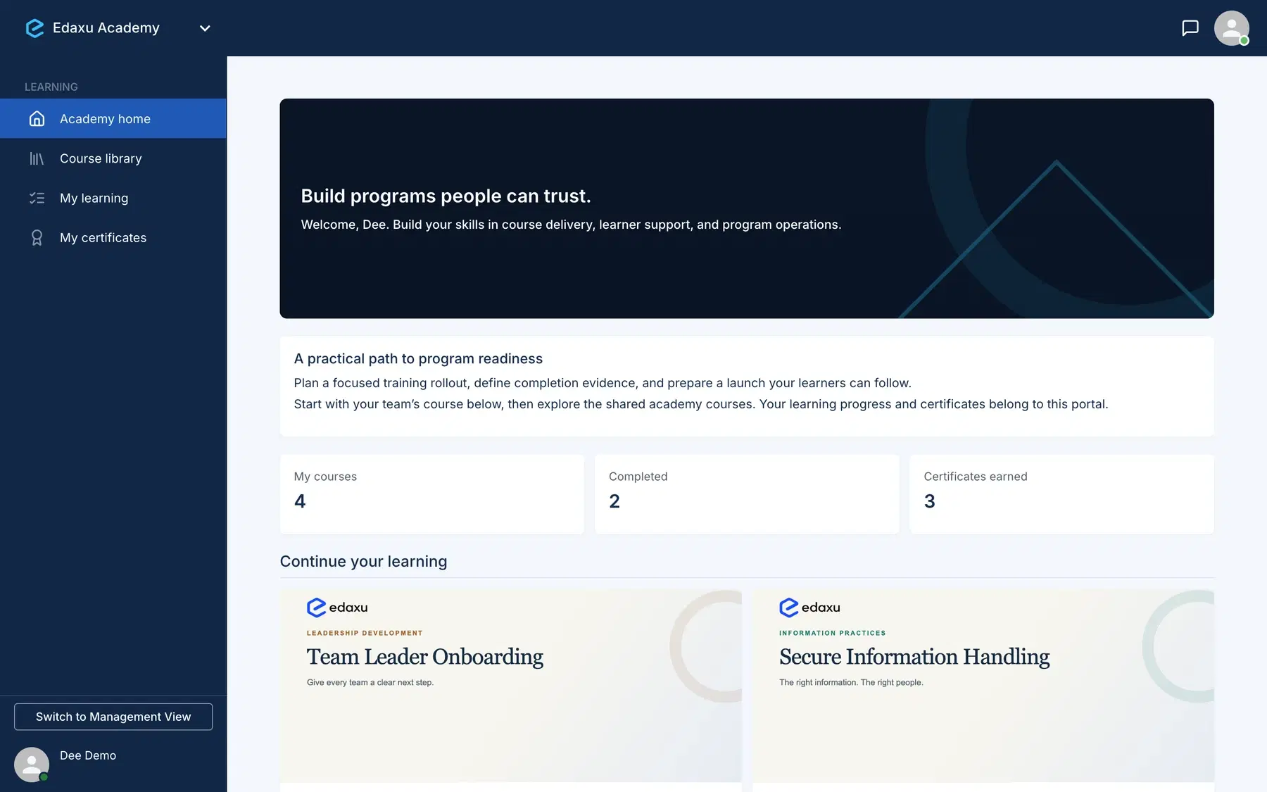 Edaxu Academy learner dashboard with course progress, branded navigation, and published training