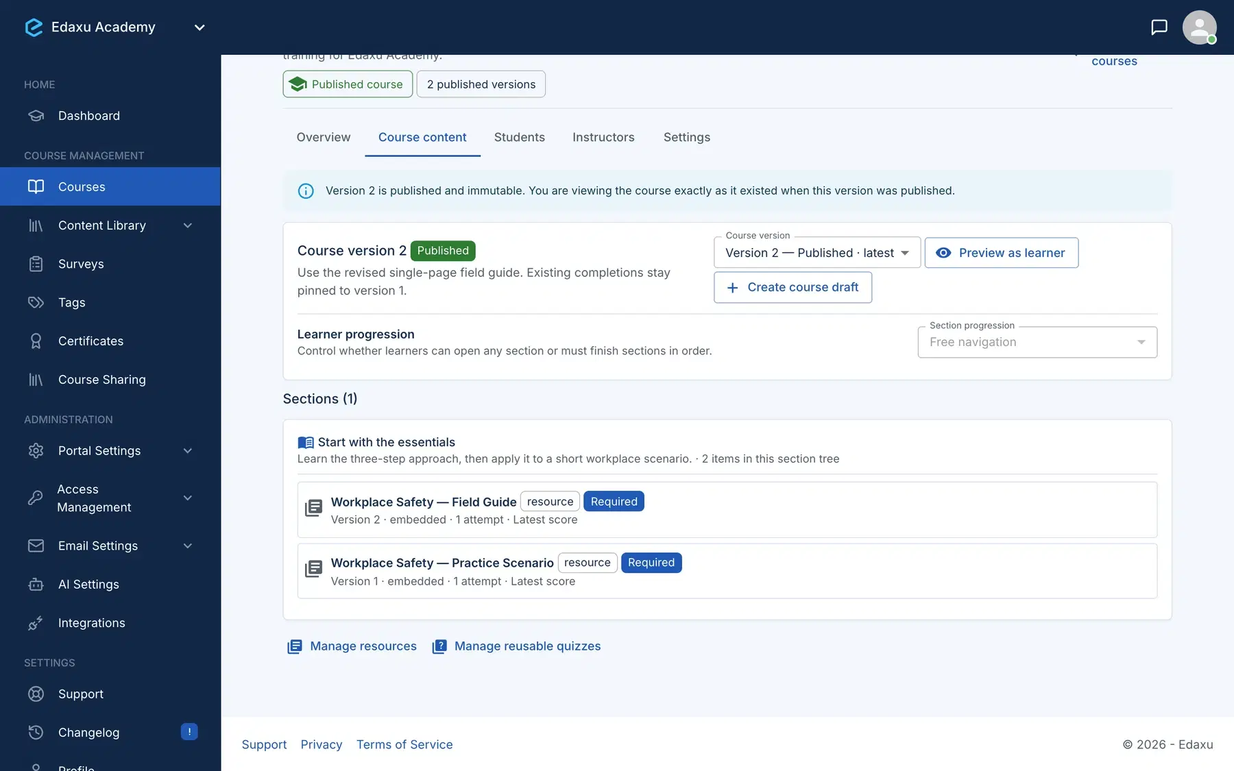 Edaxu course editor showing a published version, ordered learning resources, and learner preview
