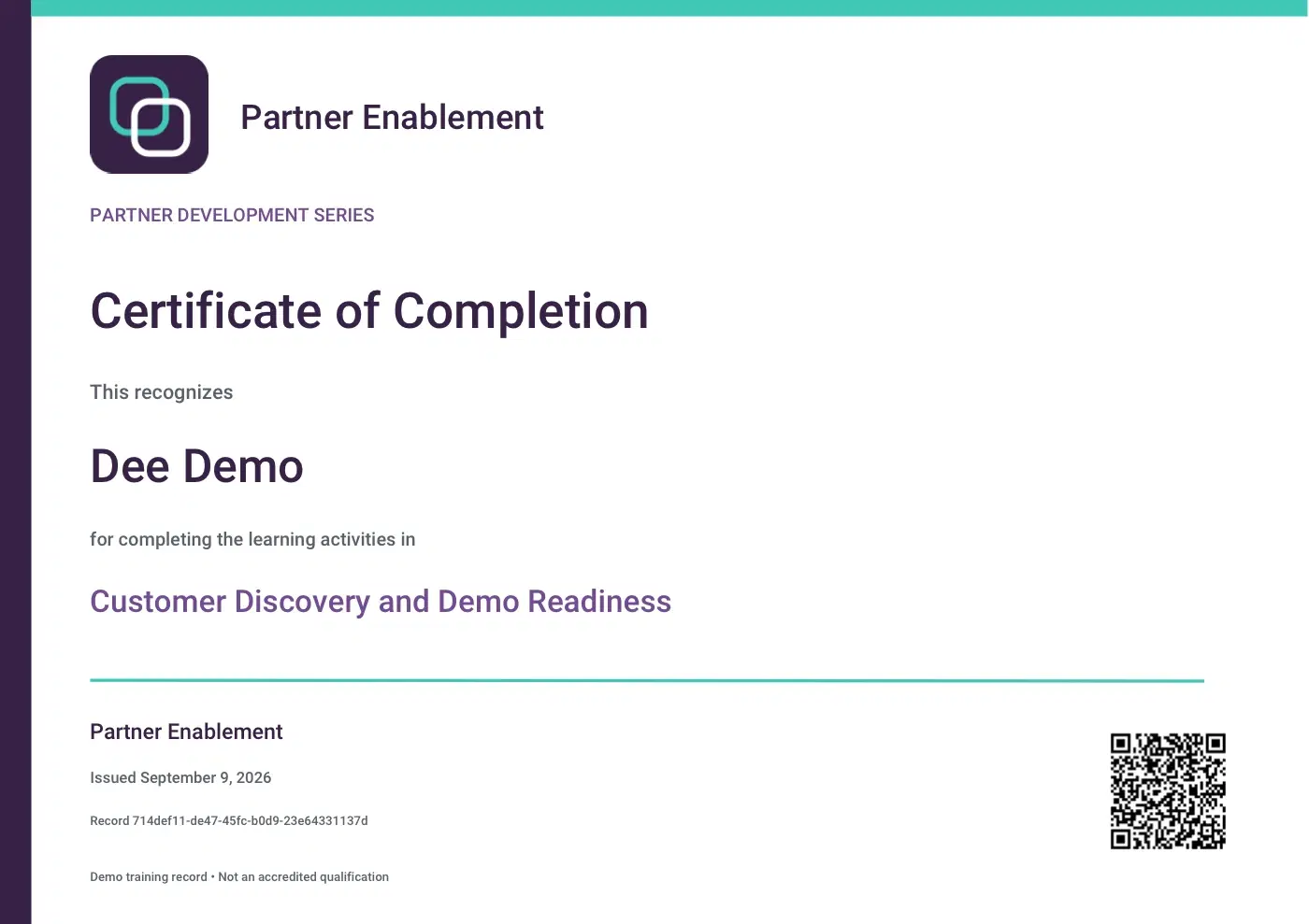Earned Partner Enablement certificate with custom branding and a verification QR code