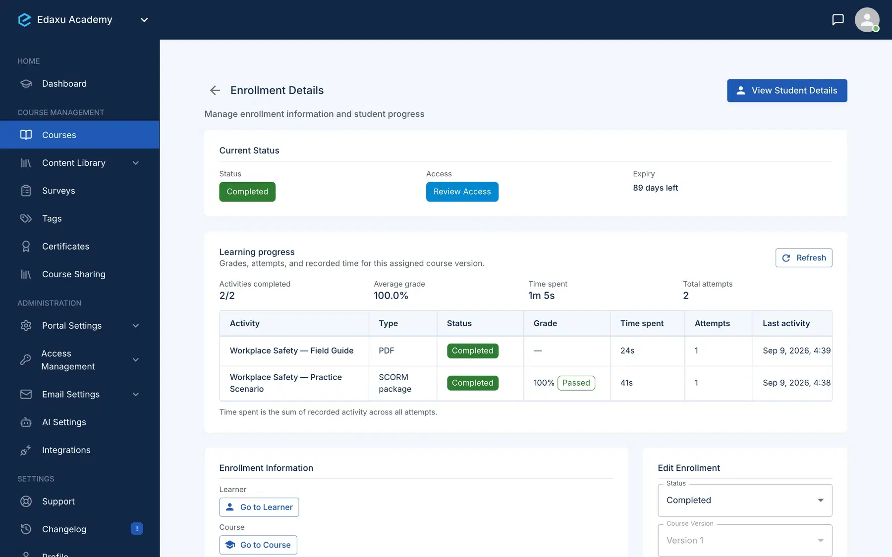 Edaxu learner record with assigned course version, completed activities, and results