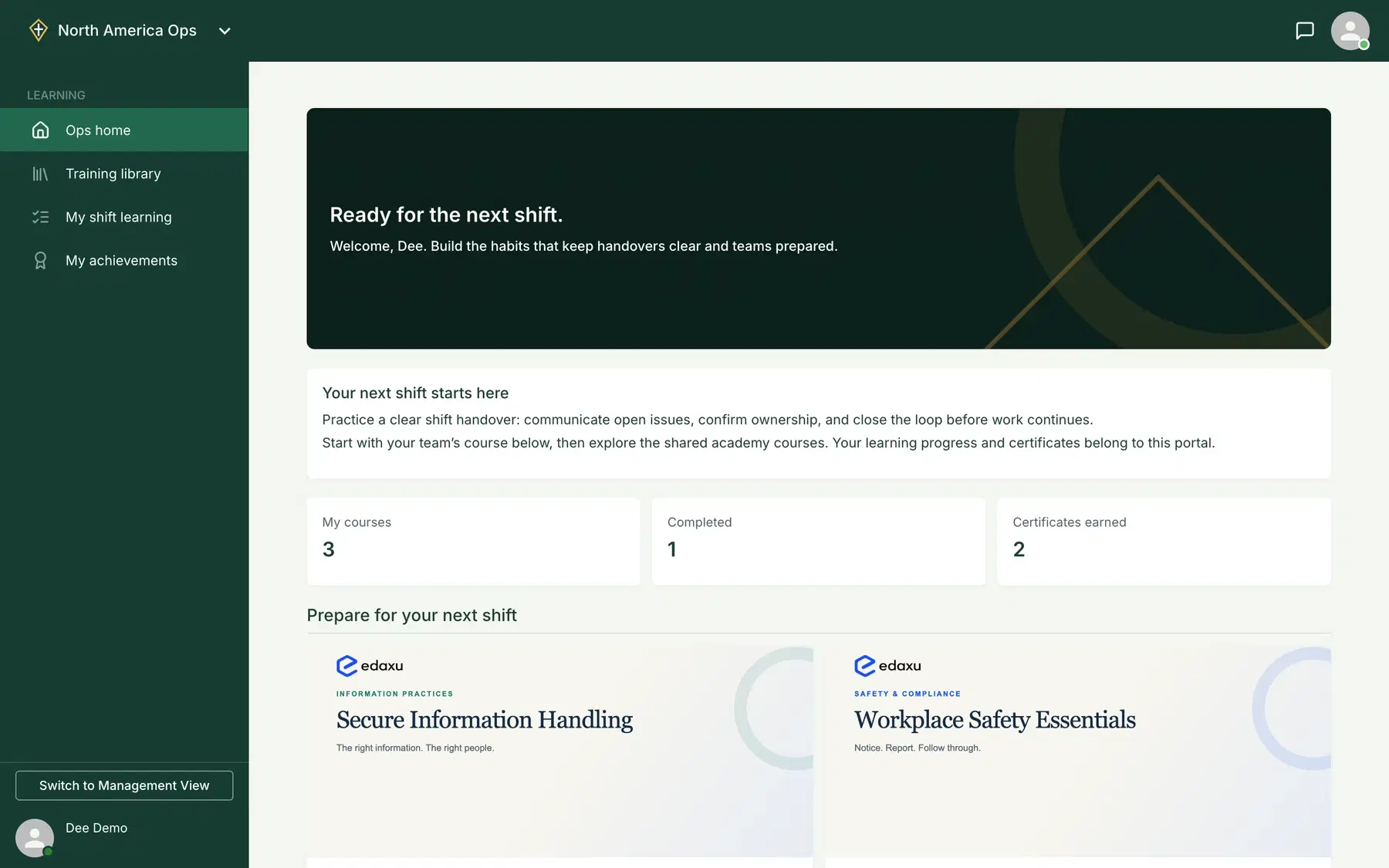North America Ops learner dashboard with forest green branding and shared academy safety courses