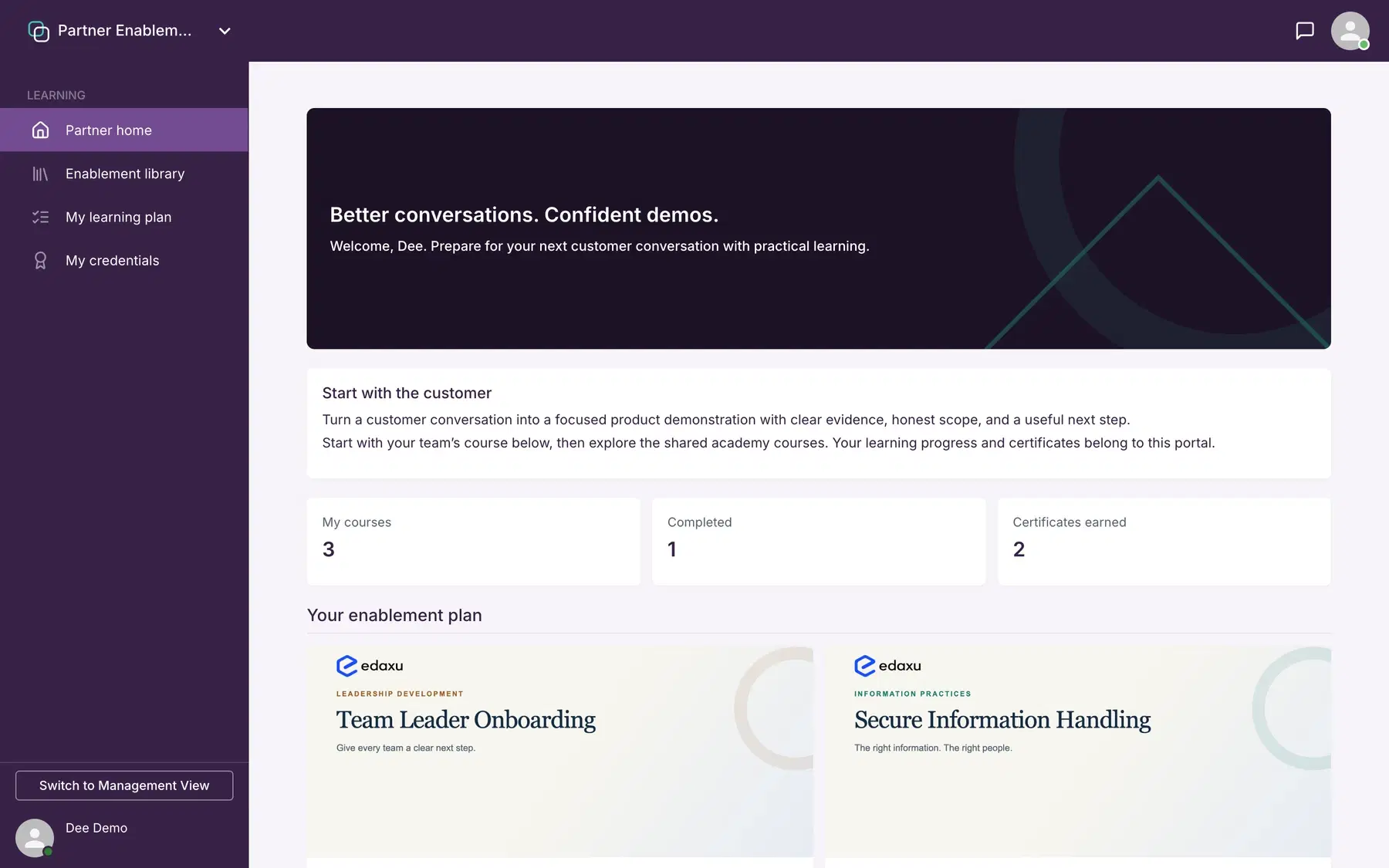 Partner Enablement learner dashboard with plum branding and shared leadership and information-handling courses