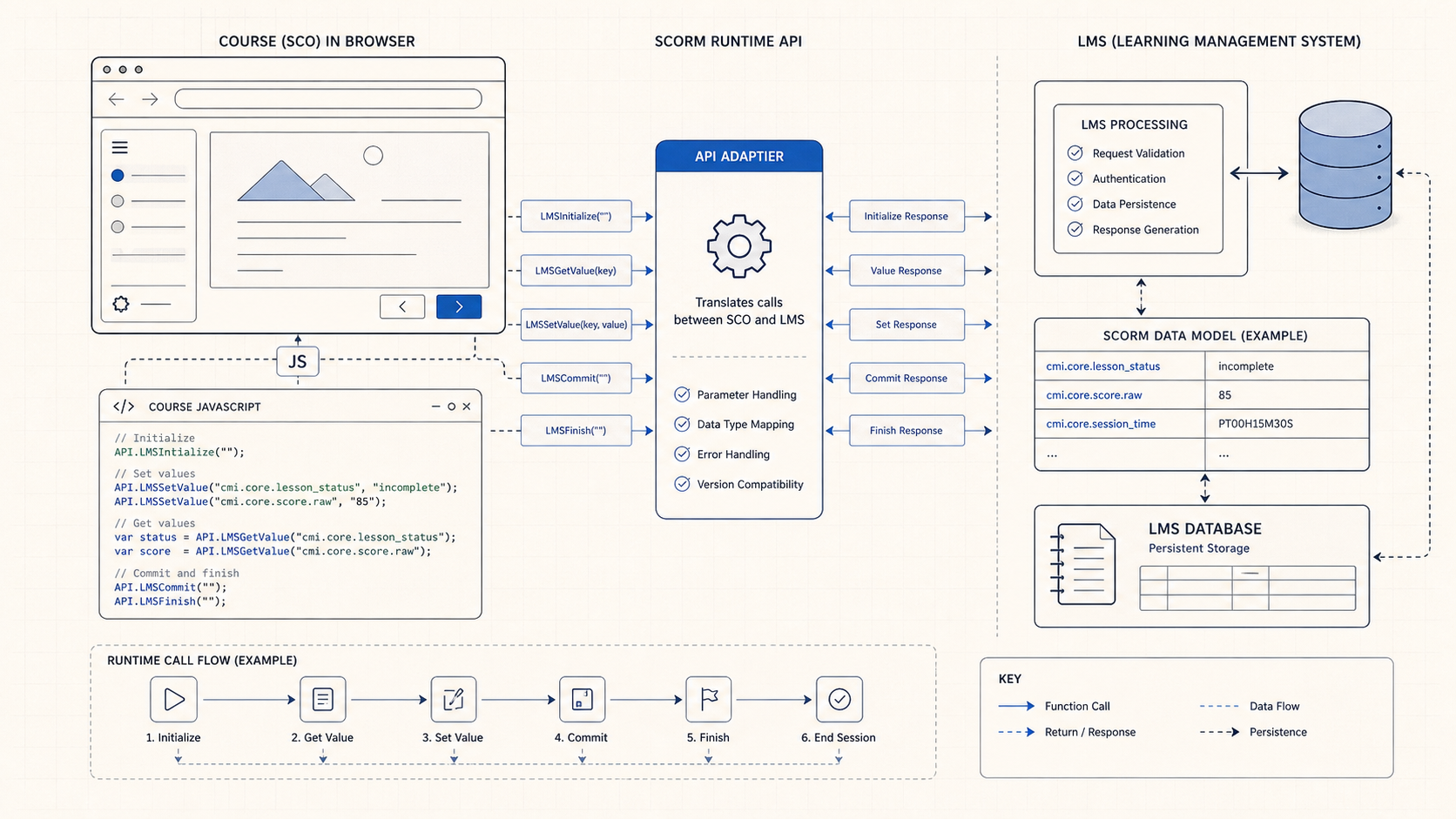 Technical diagram of a SCORM course in a browser communicating through a runtime API adapter to an LMS database